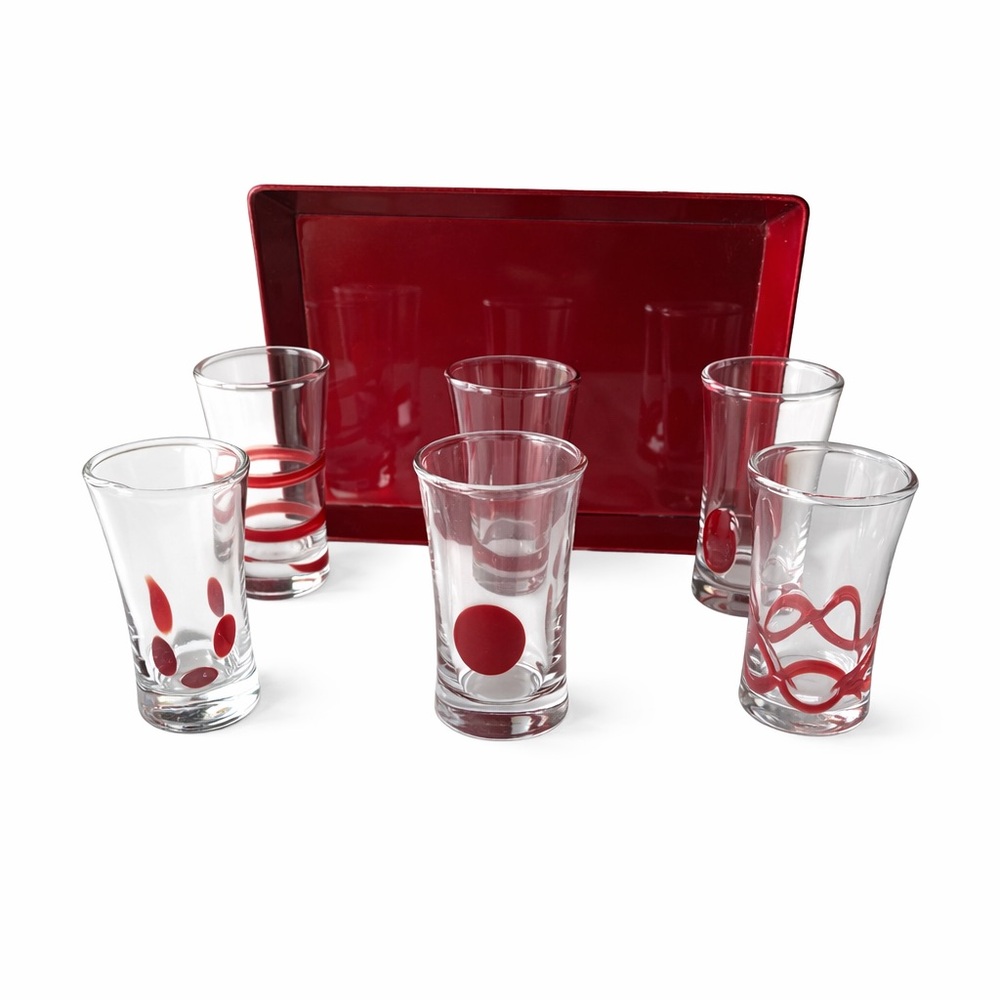 Pier 1 Imports Shot Glass Set Red Art Glass Tray Modern Bar Barware 7pc - Picture 7 of 10